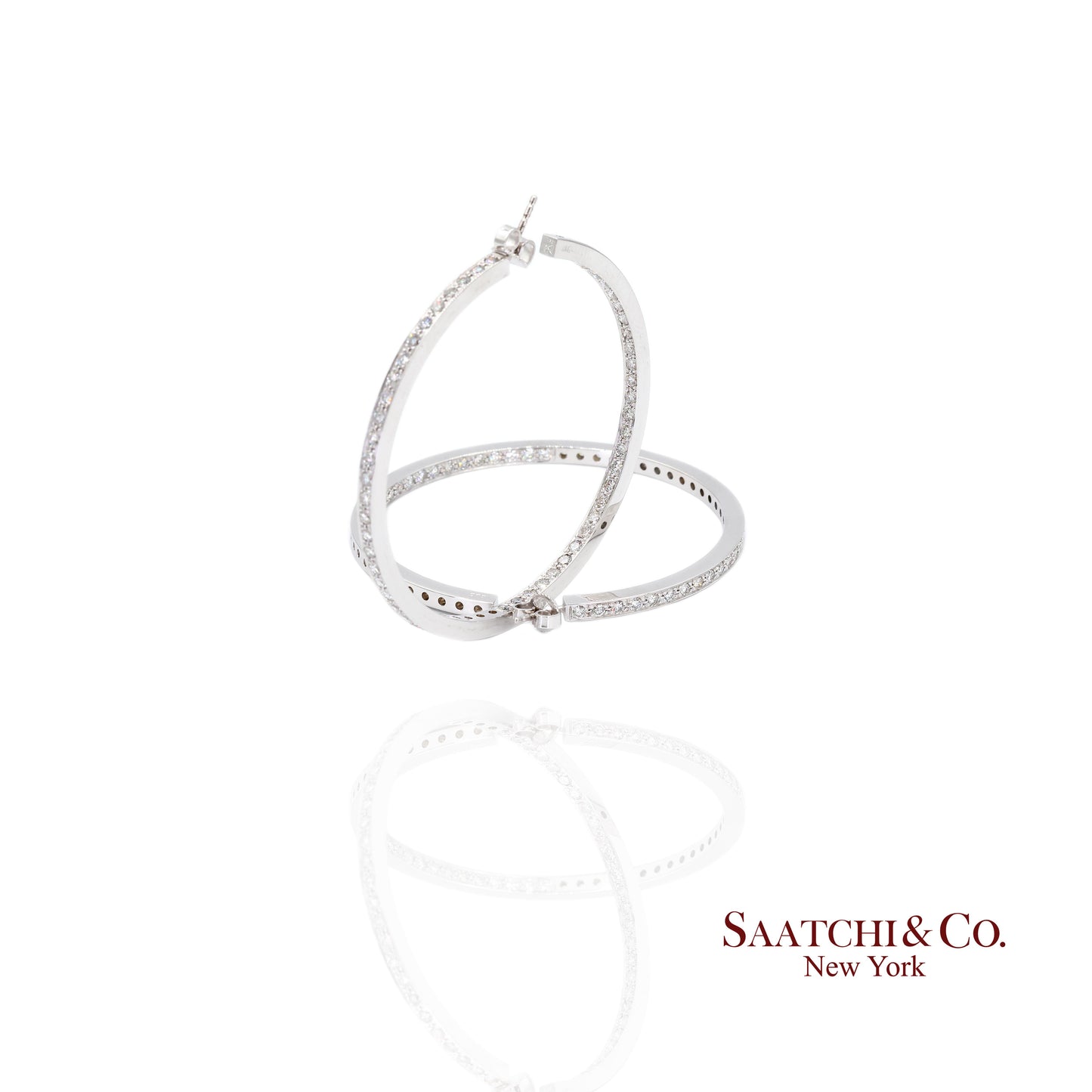 18K(750) Solid White Gold Natural Diamond Hoop Earrings In and Out Diamond