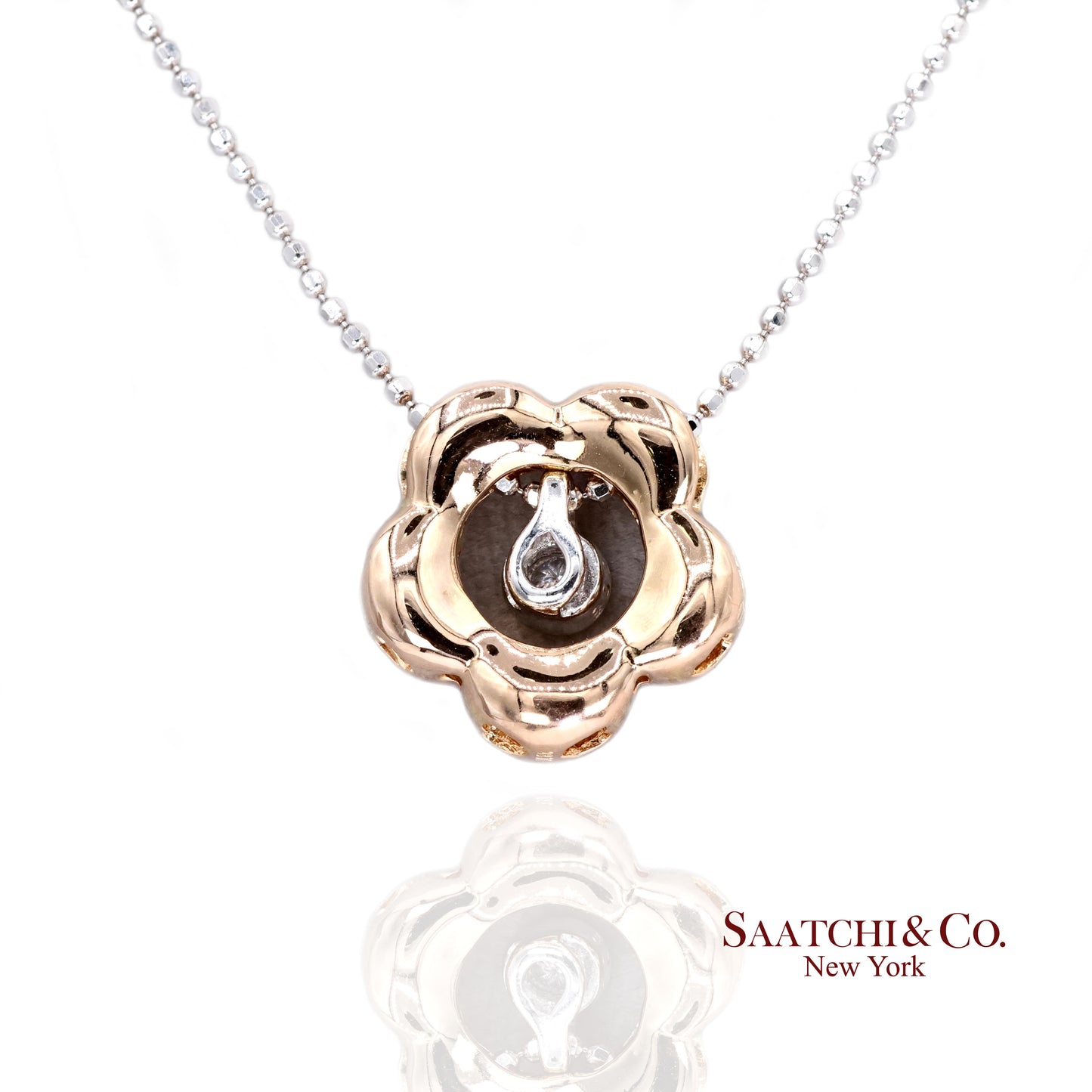 18K 750 Two Tone Rose and White Gold Natural Diamond Flower Pendant with Chain