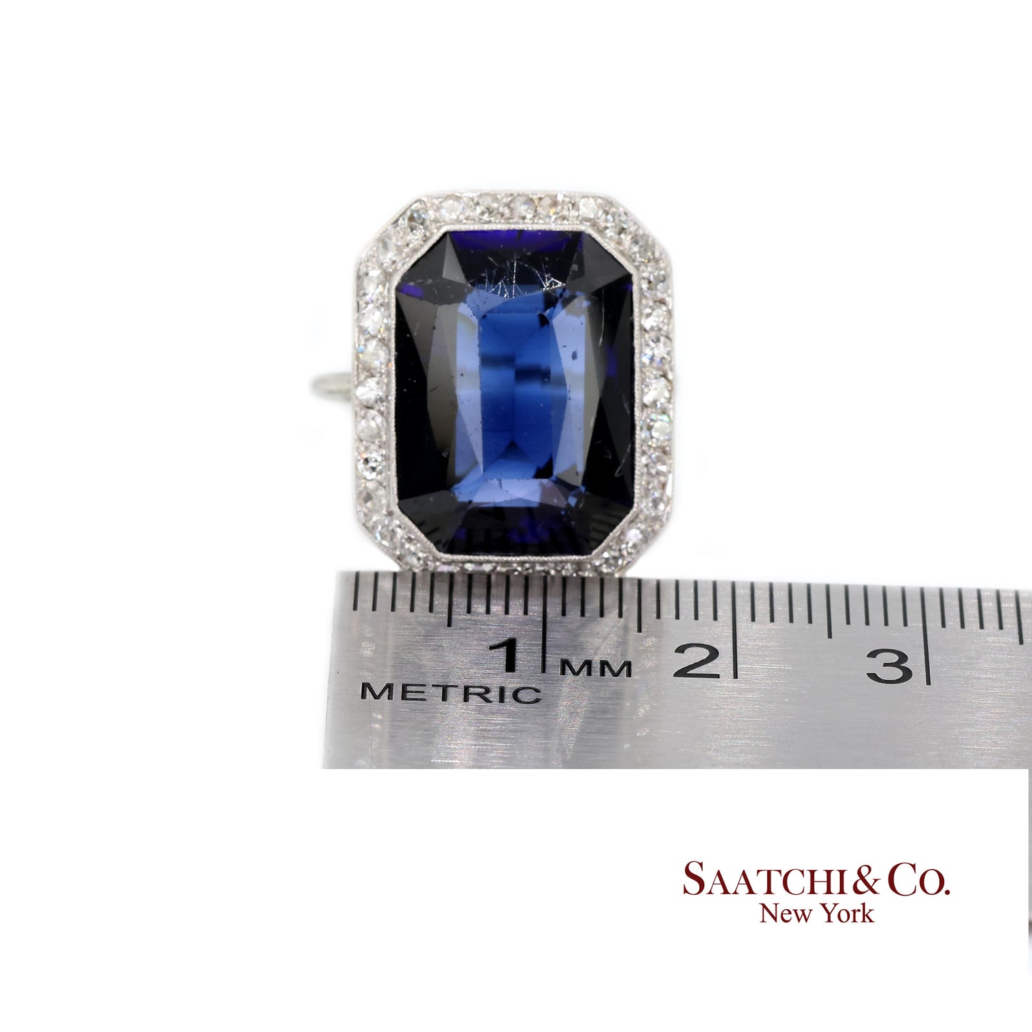 Vintage 18k White Gold Synthetic Sapphire and Natural Diamond Milgrain Ring