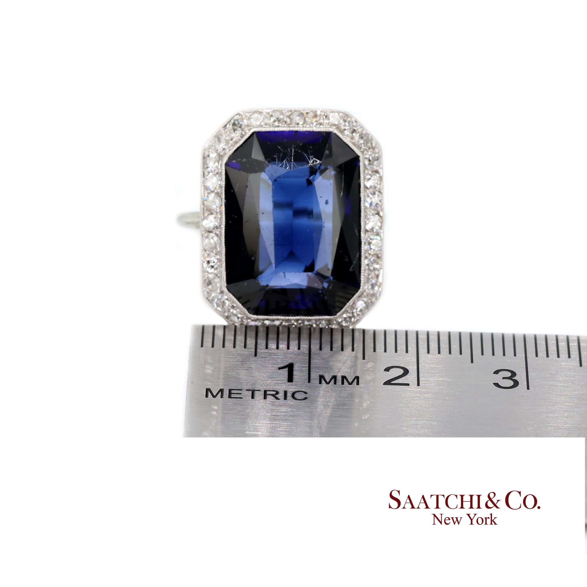 Vintage 18k White Gold Synthetic Sapphire and Natural Diamond Milgrain Ring