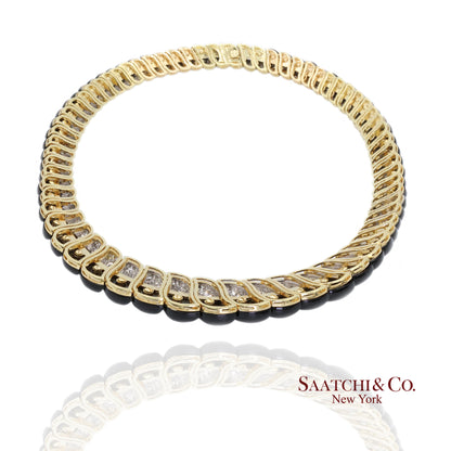 18K White & Yellow Gold Black Natural Onyx Necklace with Natural White Diamonds