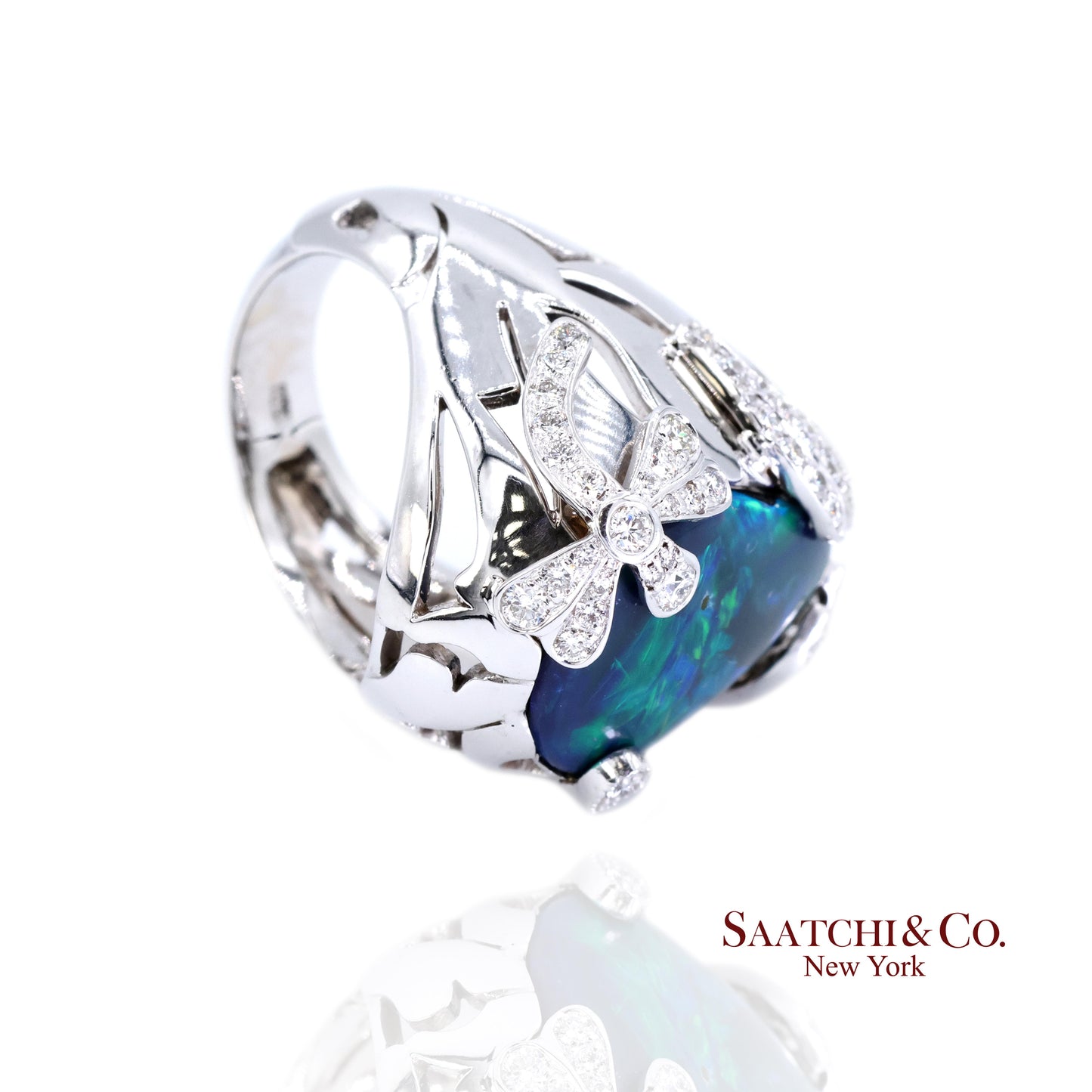 18K (750) White Gold Natural Pear Opal and Diamond Wide Ring