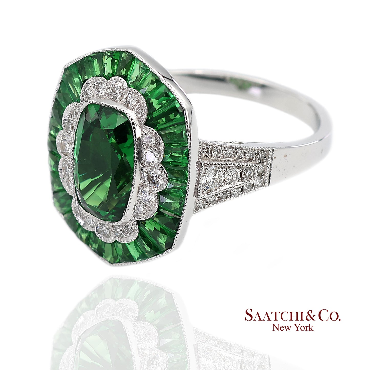 18K(750) White Gold Natural Brilliant Diamond and Tsavorite Ring
