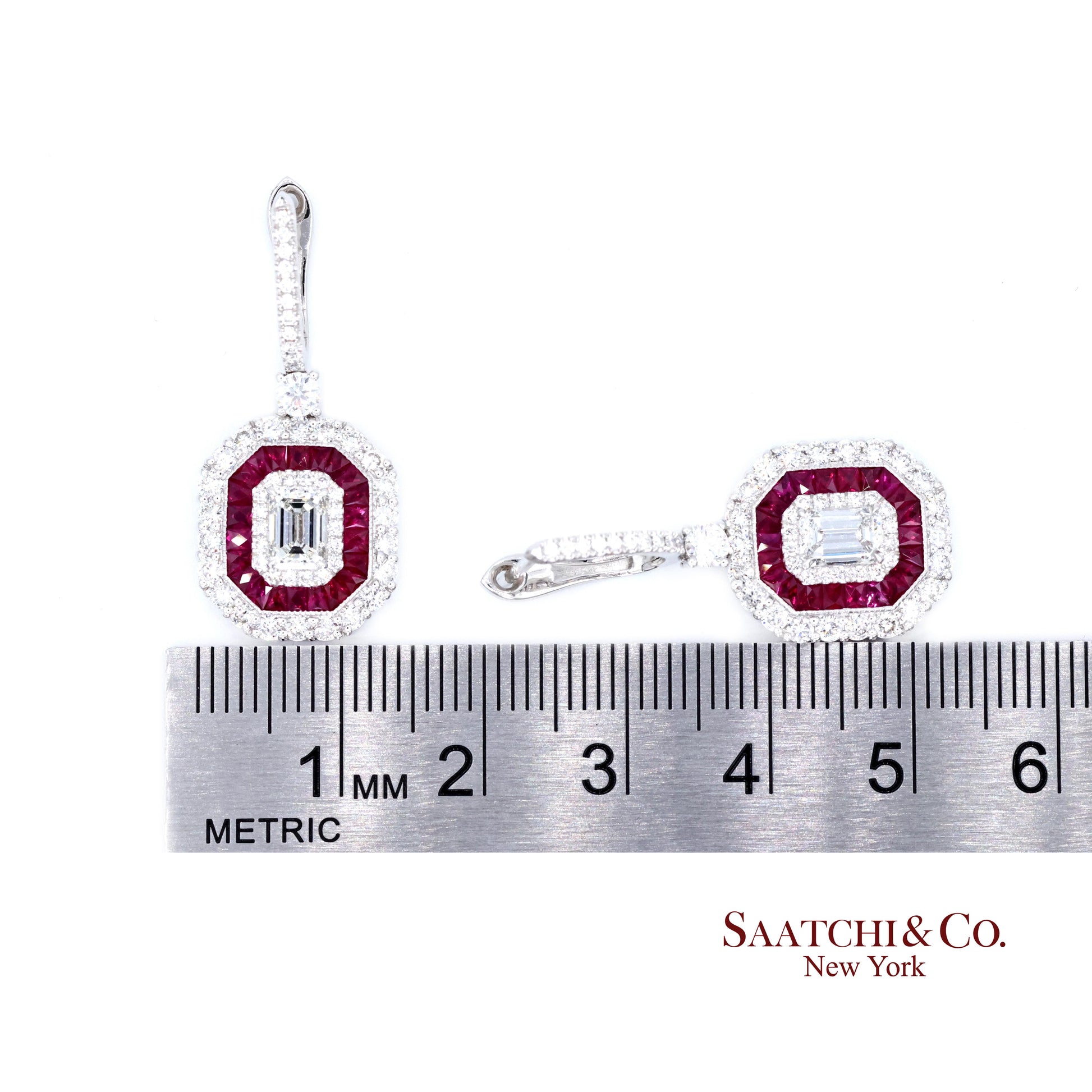 Platinum 950 Dangling Natural Ruby and Diamond Earring
