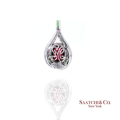 Platinum 950 Dangling Natural Ruby Emerald and Diamond Earring