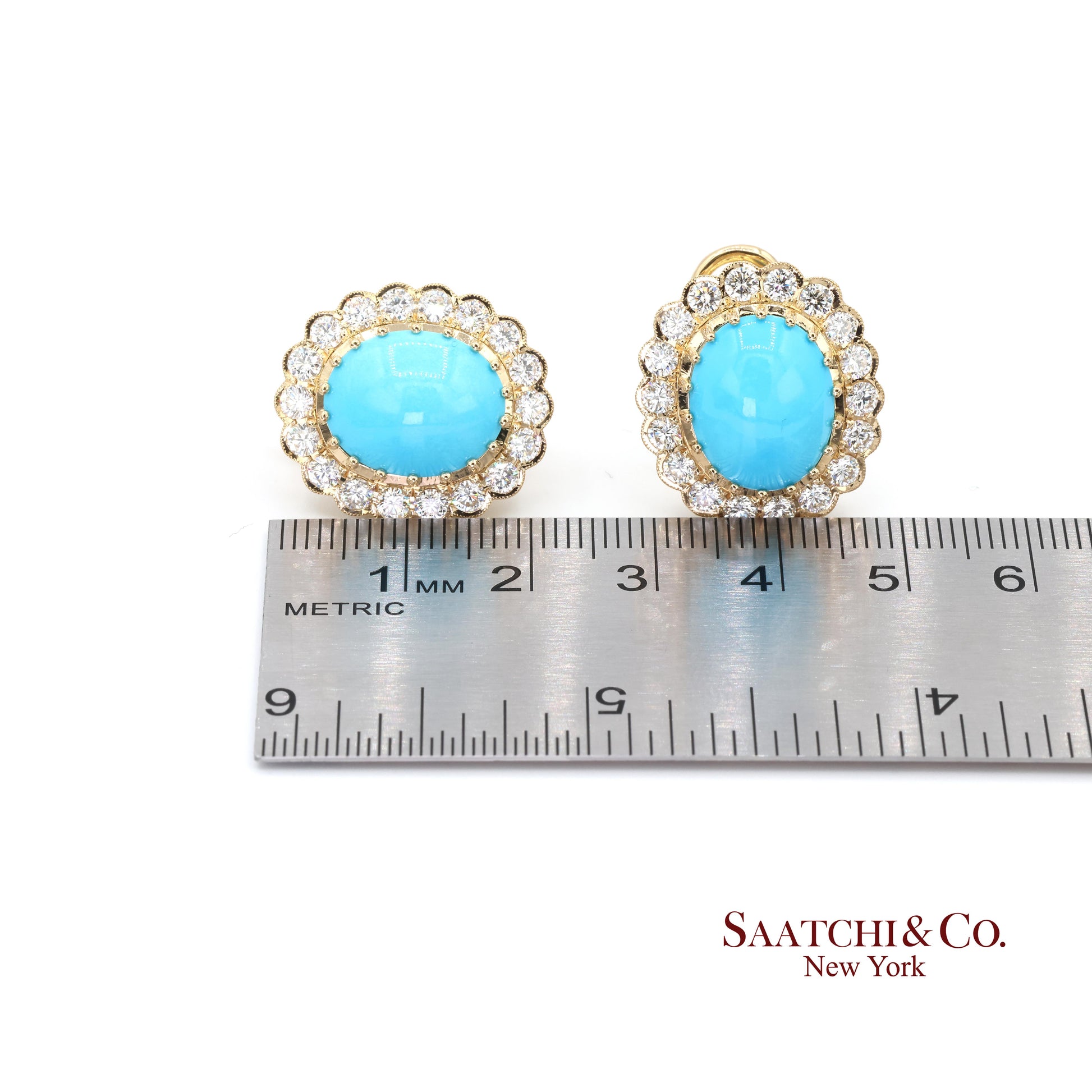 18K Natural Persian Turquoise Diamond Earrings Women Omega Back Style