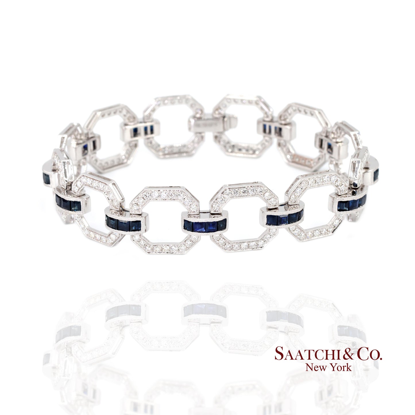 18k Sapphire Diamond Bracelet Womens White Gold 7.42in Milgrain Art Deco