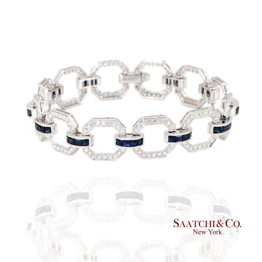 18k Sapphire Diamond Bracelet Womens White Gold 7.42in Milgrain Art Deco