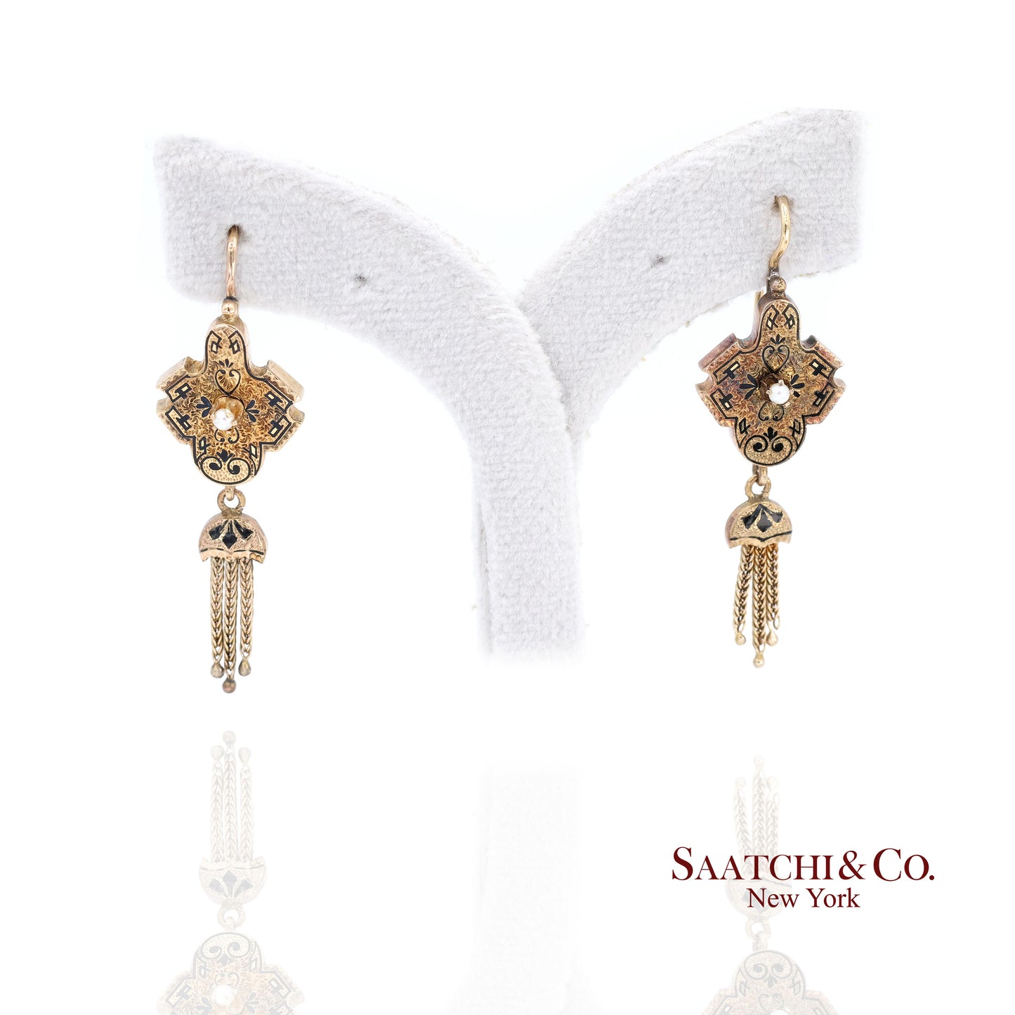 14K Yellow Gold Pearl Enamel Dangling Earring