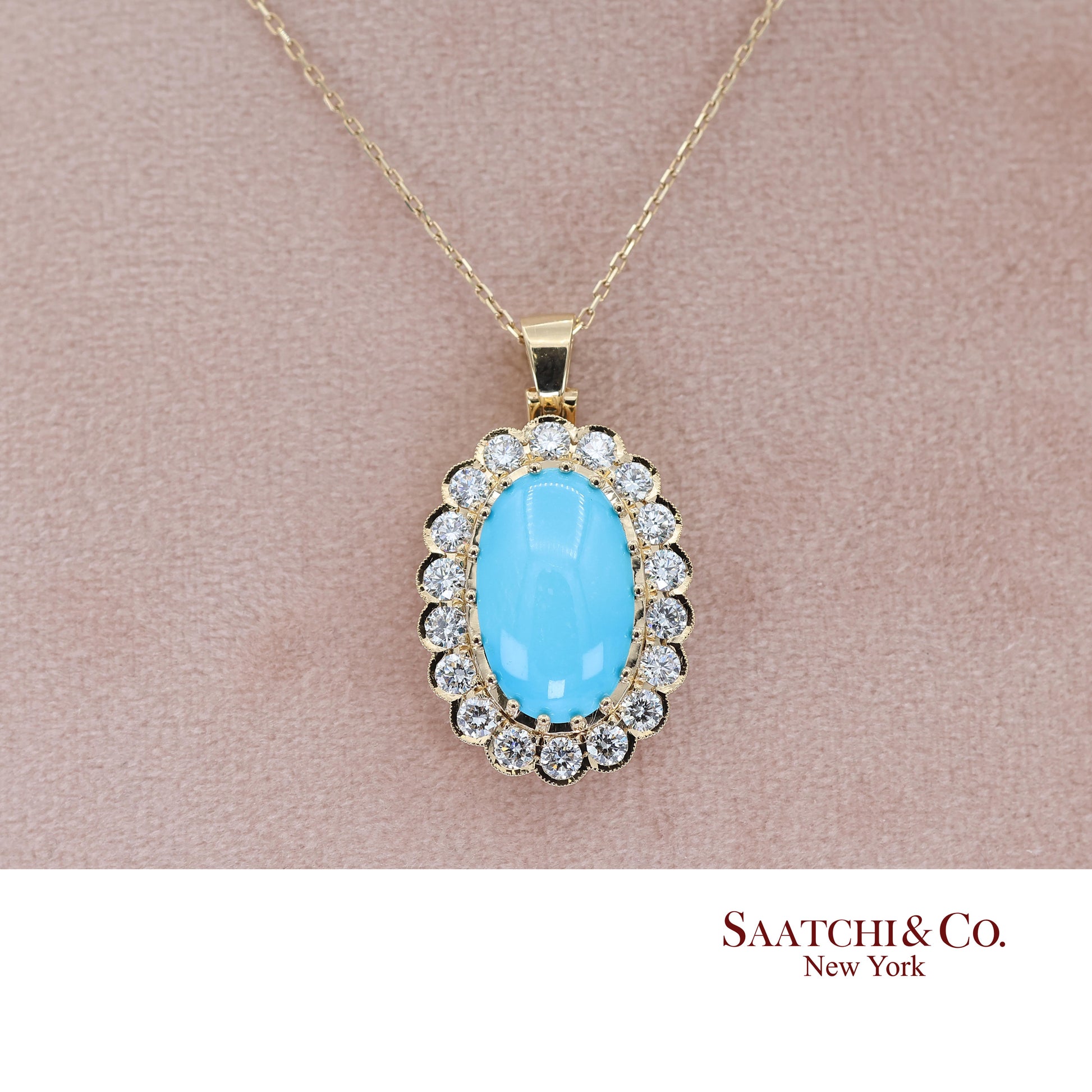 18k Persian Turquoise and Diamond Pendant Womens Yellow Gold Oval Cabochon