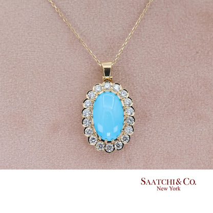 18k Persian Turquoise and Diamond Pendant Womens Yellow Gold Oval Cabochon