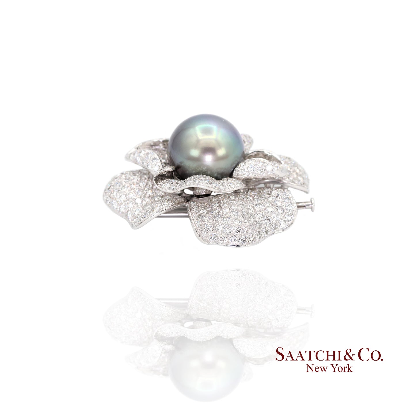 18K(750) White Natural Diamond and Black Pearl Brooch/Pin/Pendant/Necklace