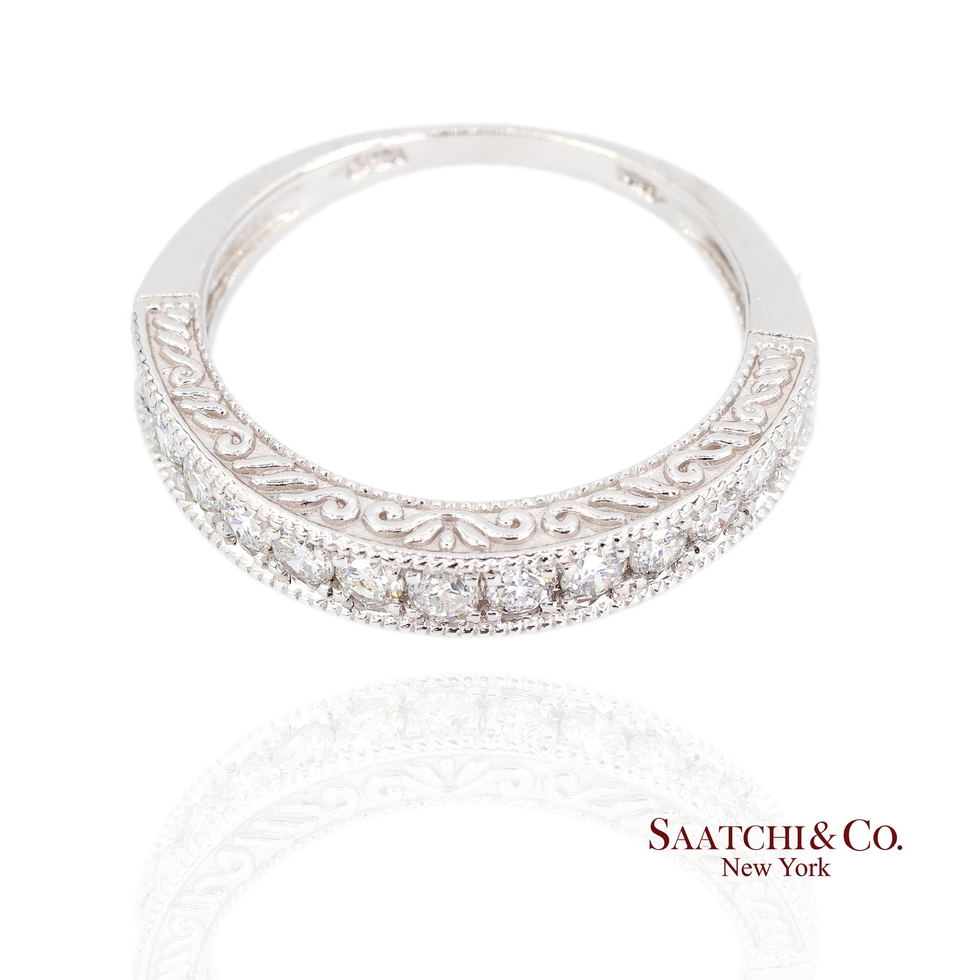 14K (585) White Gold Natural Diamond Engraved Band Ring