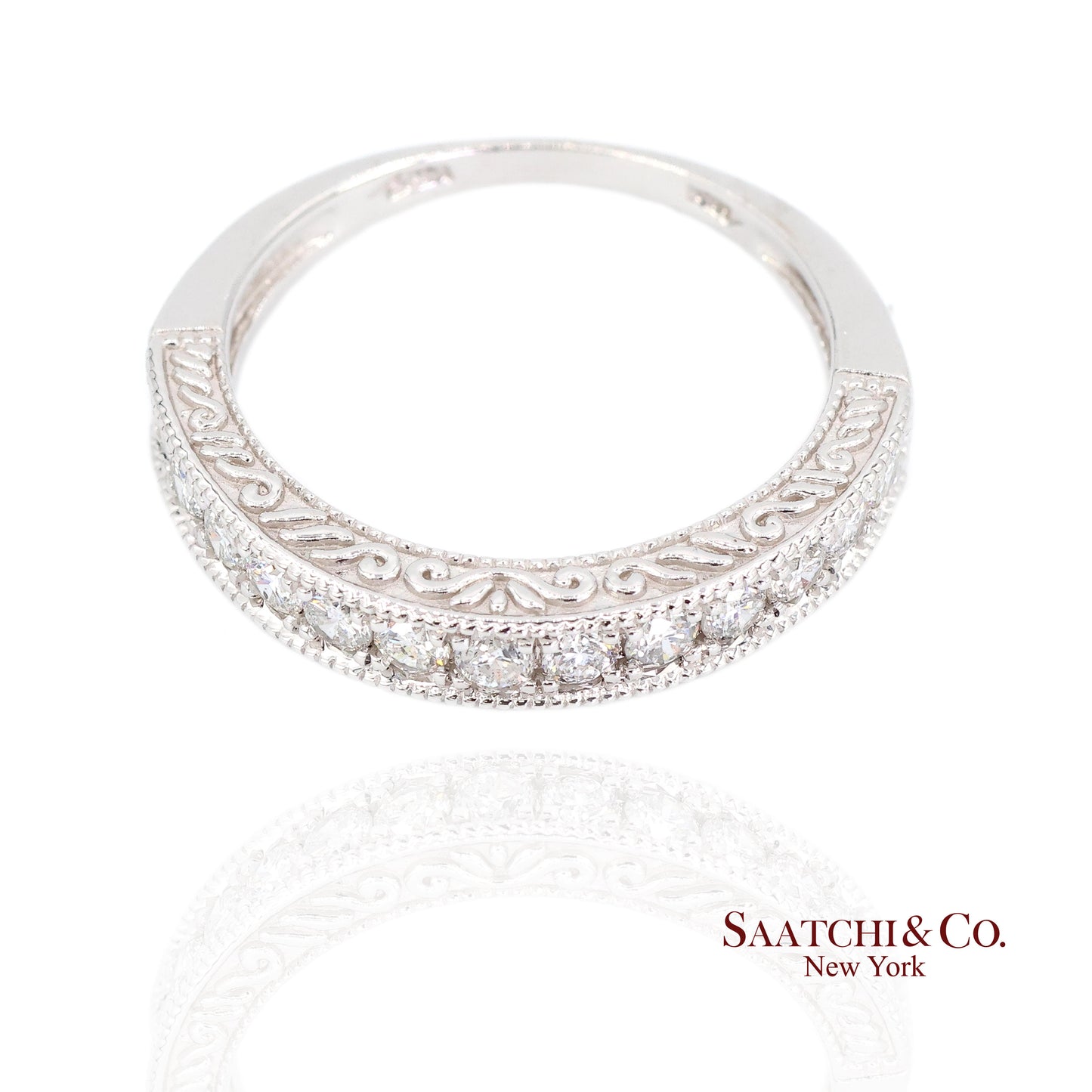 14K (585) White Gold Natural Diamond Engraved Band Ring