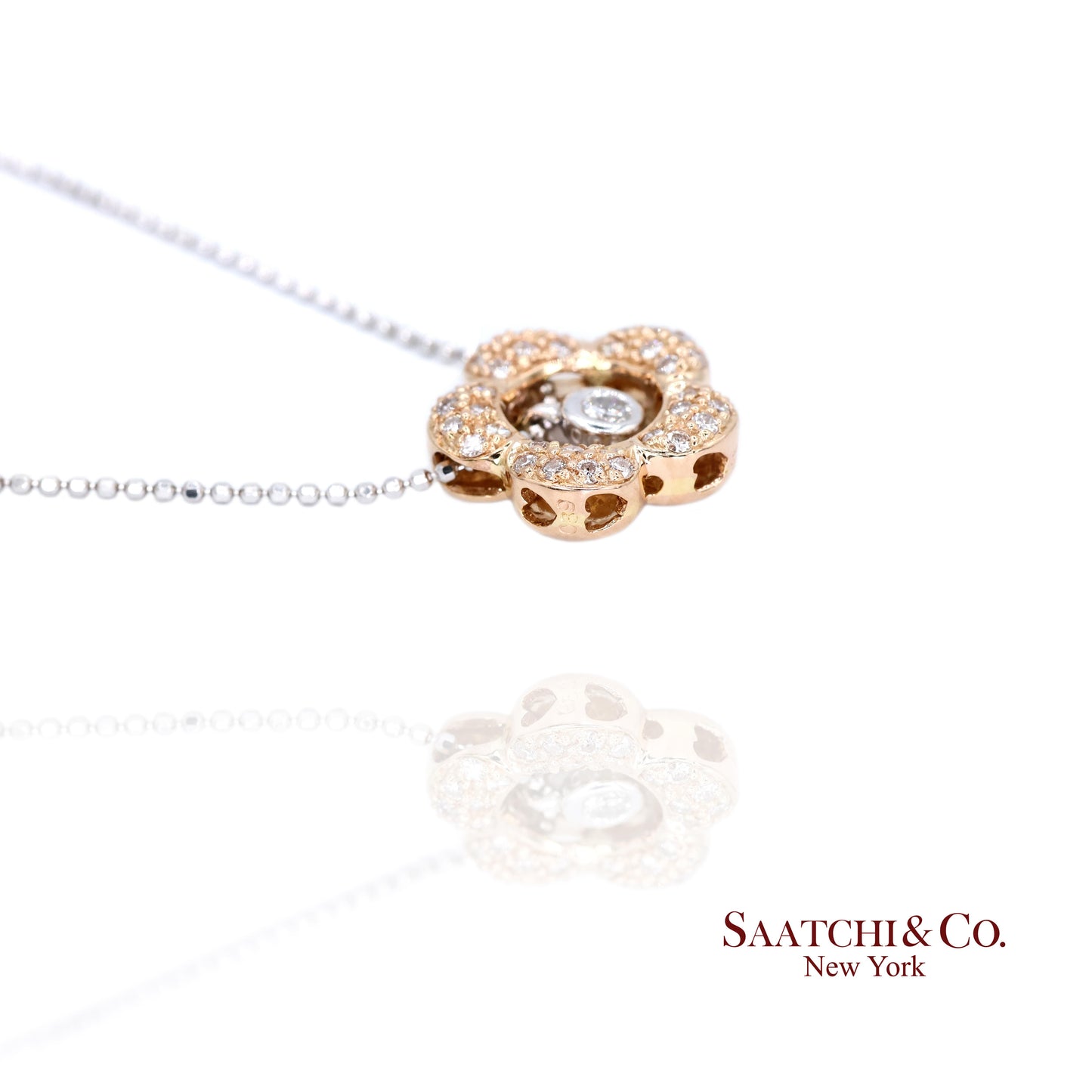 18K 750 Two Tone Rose and White Gold Natural Diamond Flower Pendant with Chain