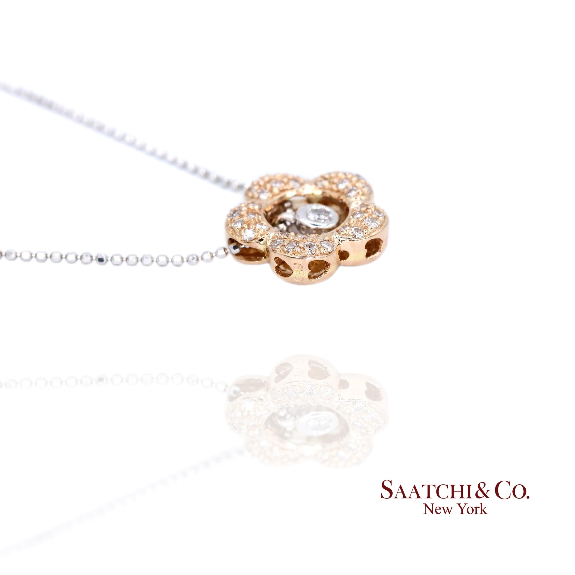 18K 750 Two Tone Rose and White Gold Natural Diamond Flower Pendant with Chain