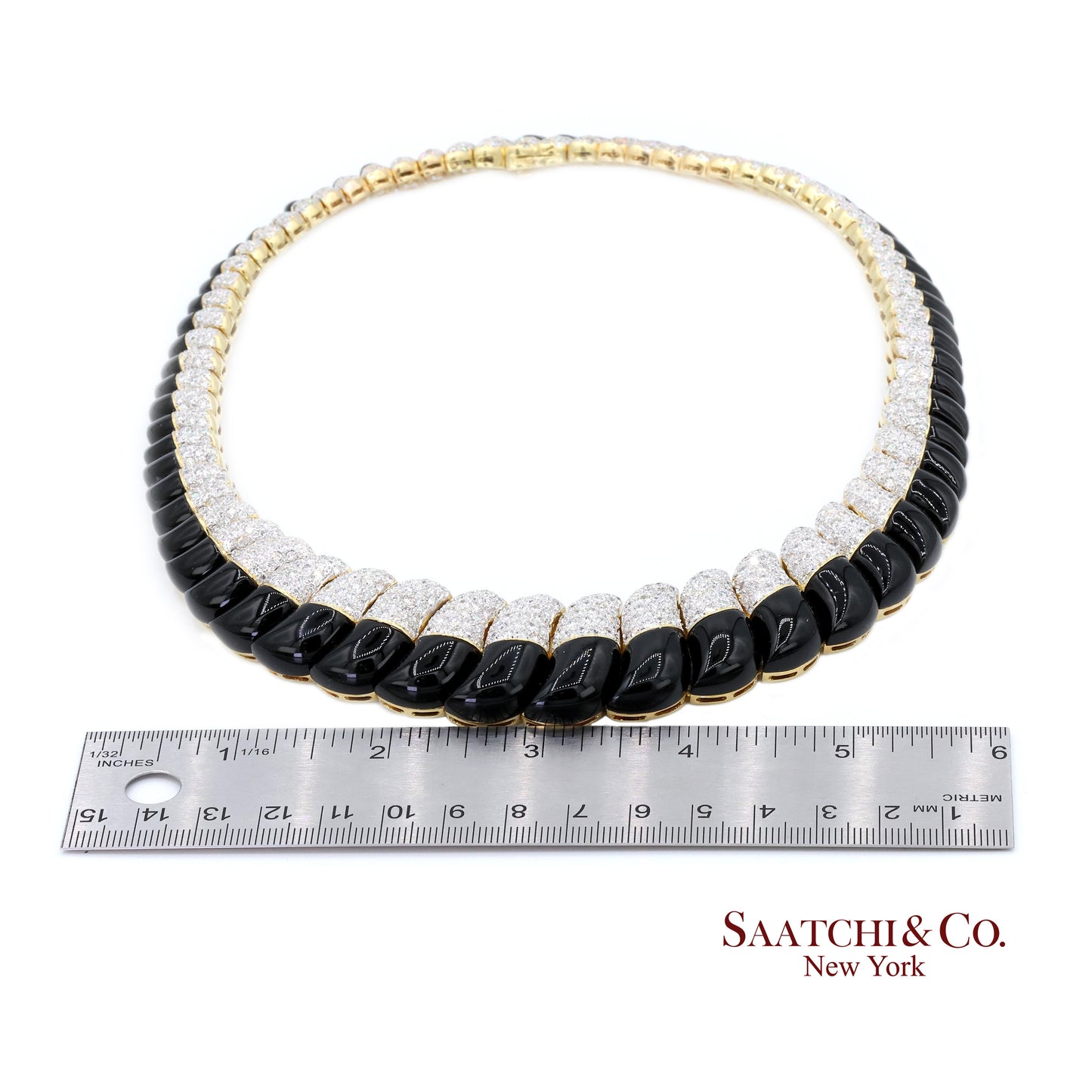 18K White & Yellow Gold Black Natural Onyx Necklace with Natural White Diamonds