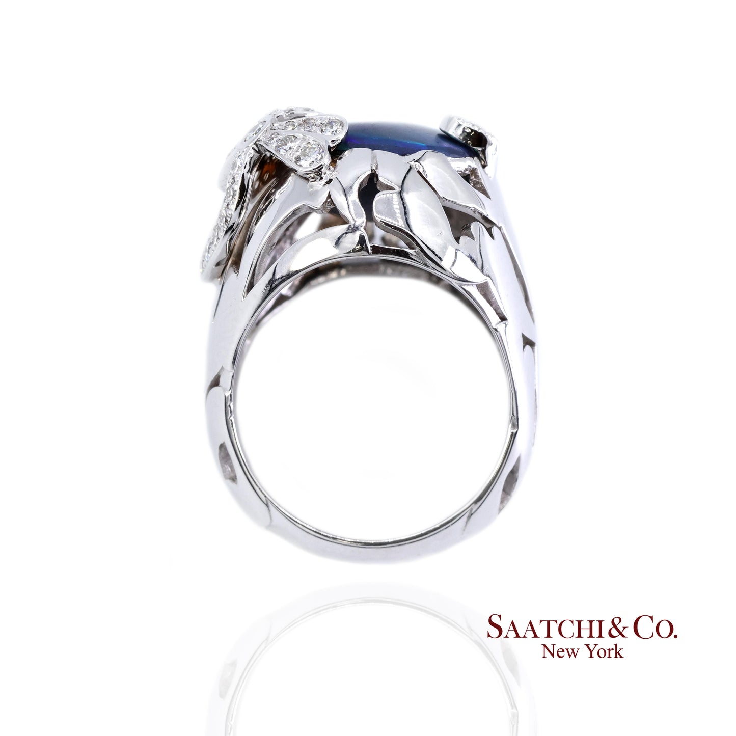 18K (750) White Gold Natural Pear Opal and Diamond Wide Ring