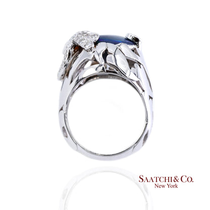 18K (750) White Gold Natural Pear Opal and Diamond Wide Ring