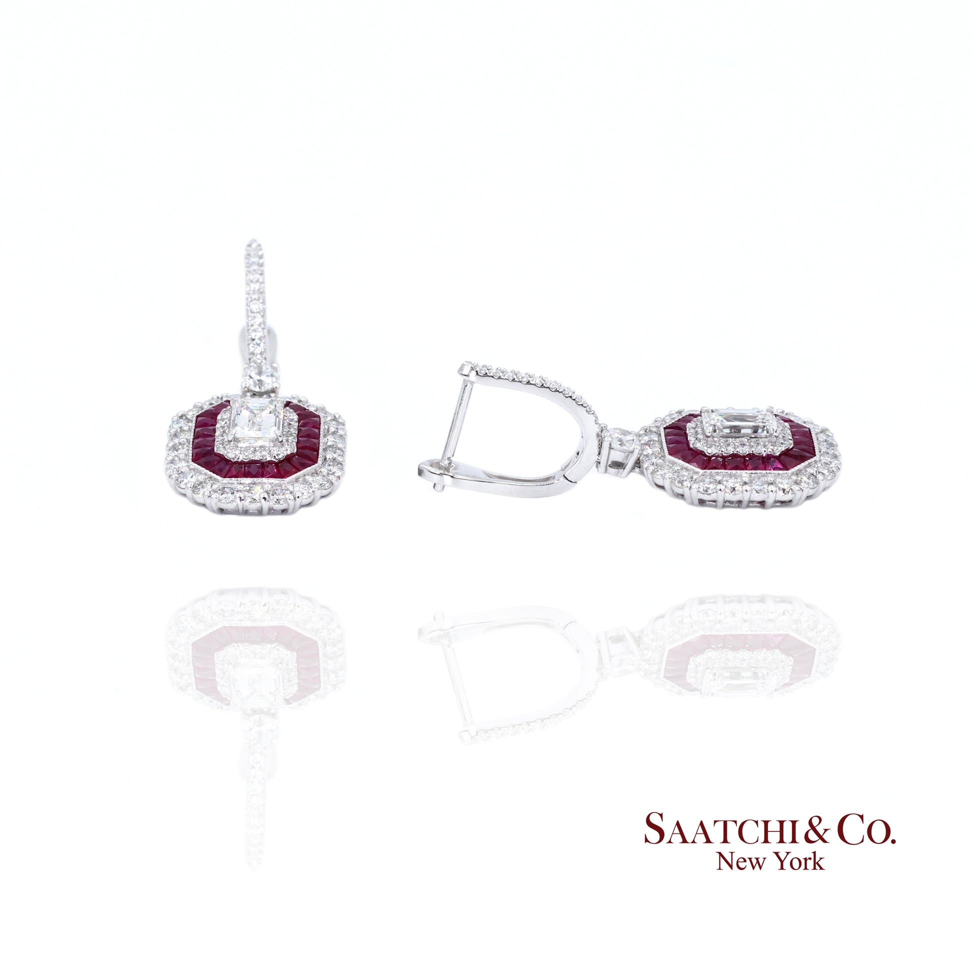 Platinum 950 Dangling Natural Ruby and Diamond Earring