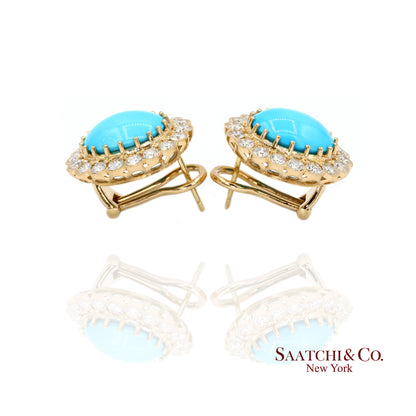 18K Natural Persian Turquoise Diamond Earrings Women Omega Back Style