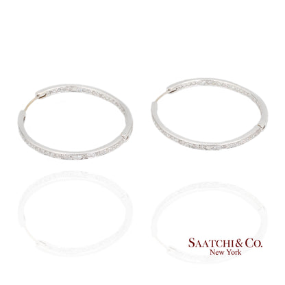 18K White Gold Natural Diamond Hoop Earrings In and Out Diamond