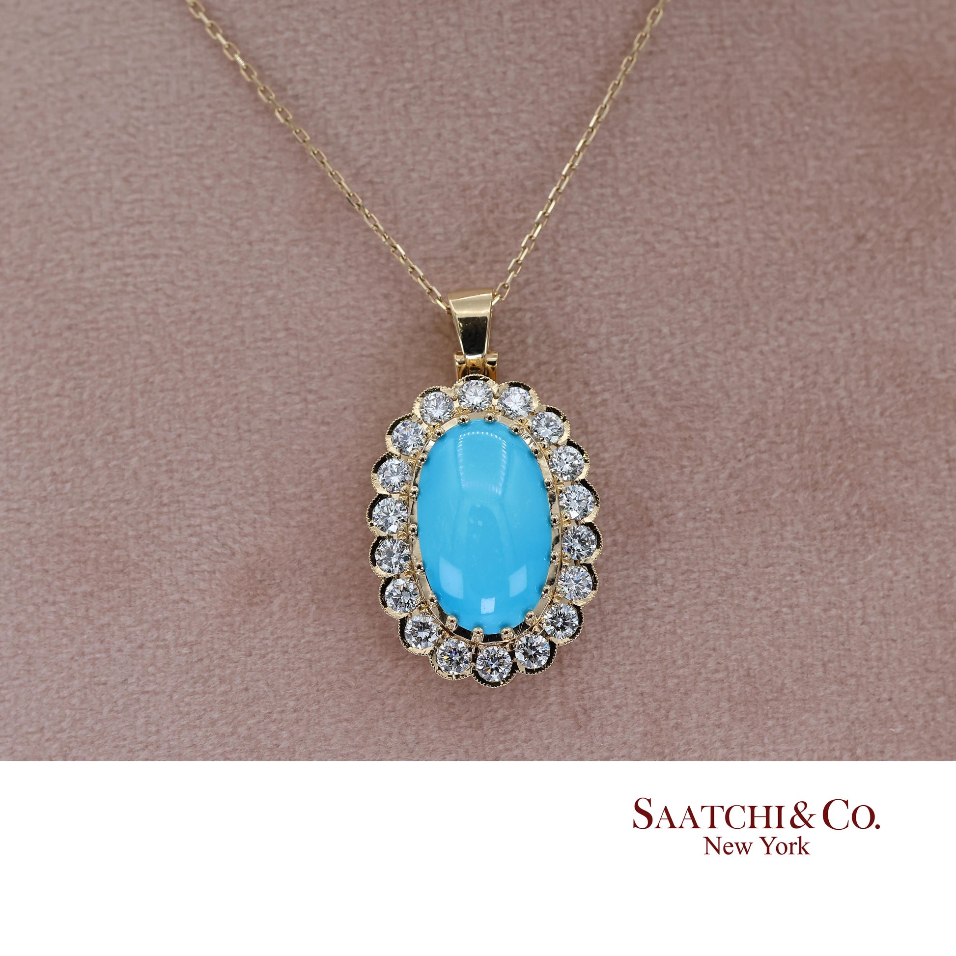 18k Persian Turquoise and Diamond Pendant Womens Yellow Gold Oval Cabochon
