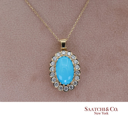 18k Persian Turquoise and Diamond Pendant Womens Yellow Gold Oval Cabochon