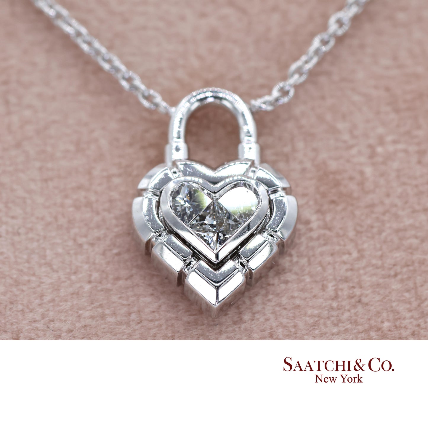 18K White Gold Pie Cut Heart Shape Pendant Necklace with Chain