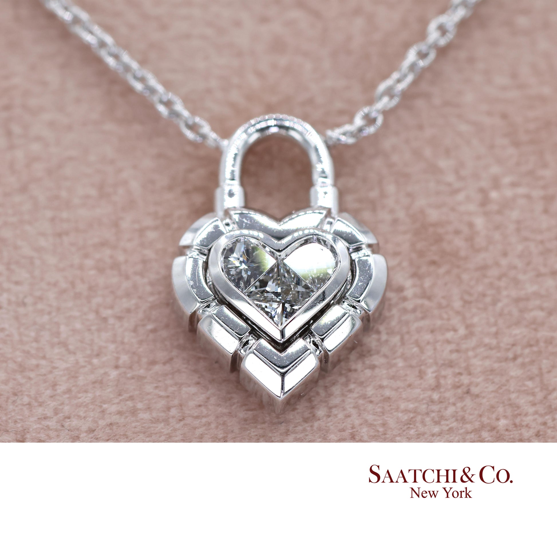 18K White Gold Pie Cut Heart Shape Pendant Necklace with Chain