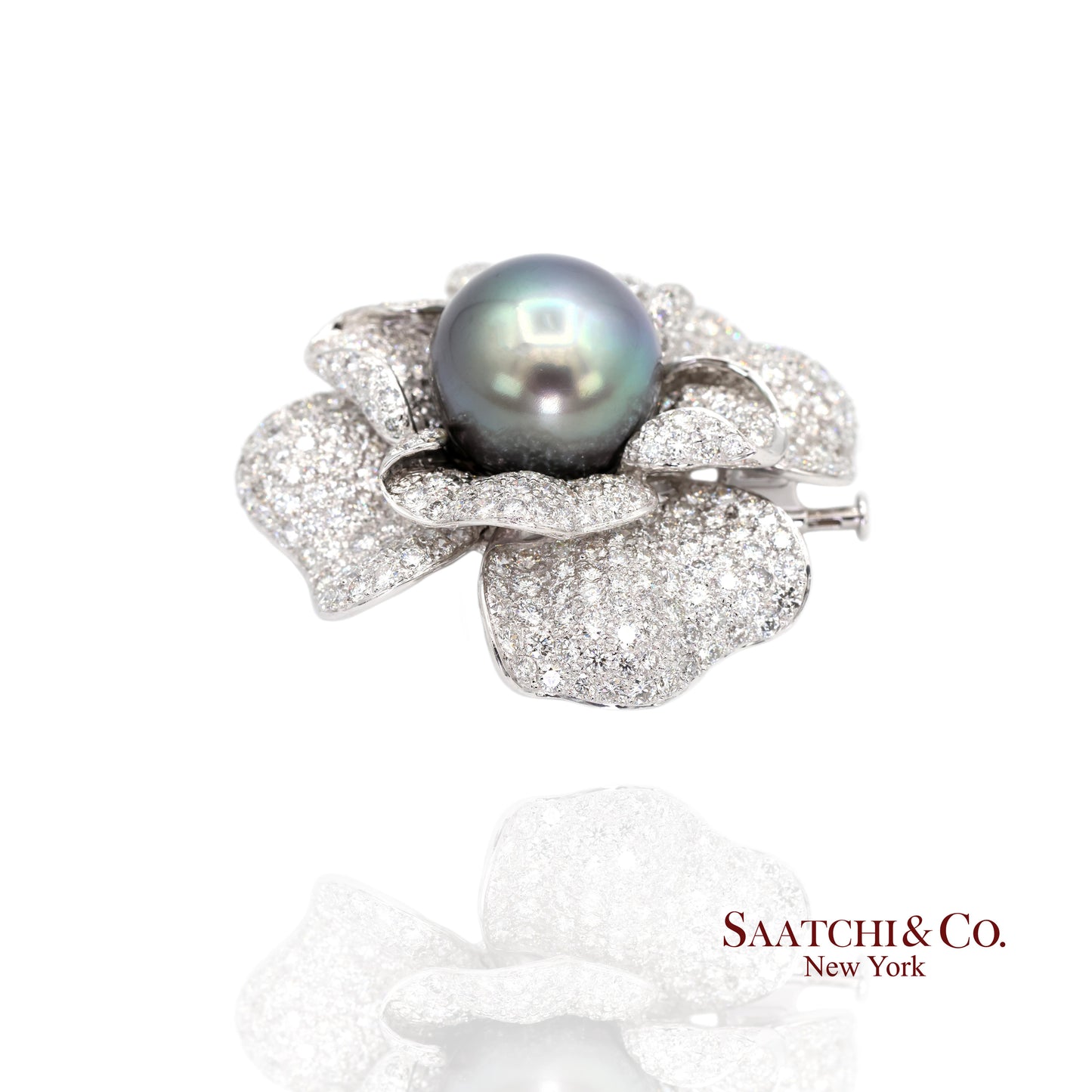 18K(750) White Natural Diamond and Black Pearl Brooch/Pin/Pendant/Necklace