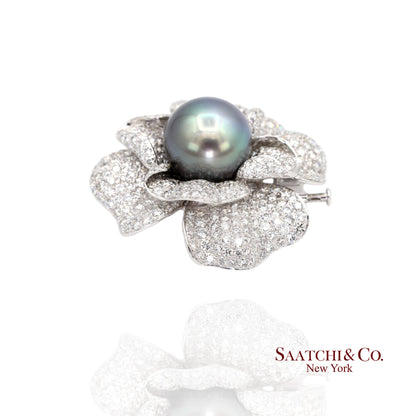 18K(750) White Natural Diamond and Black Pearl Brooch/Pin/Pendant/Necklace
