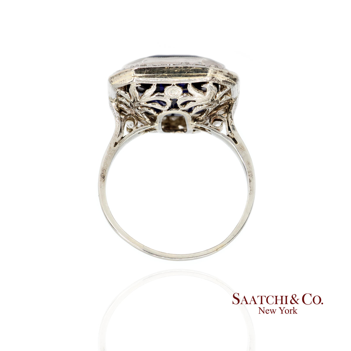 Vintage 18k White Gold Synthetic Sapphire and Natural Diamond Milgrain Ring