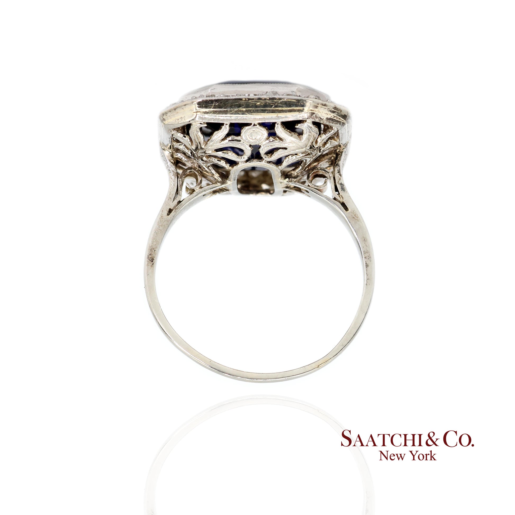 Vintage 18k White Gold Synthetic Sapphire and Natural Diamond Milgrain Ring