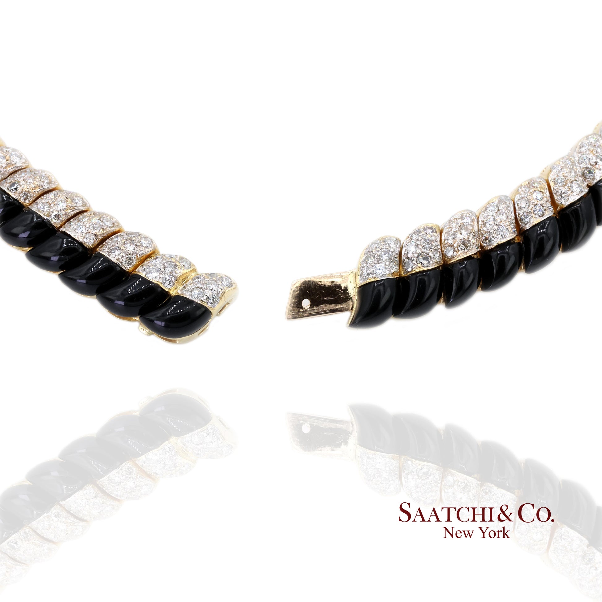 18K White & Yellow Gold Black Natural Onyx Necklace with Natural White Diamonds