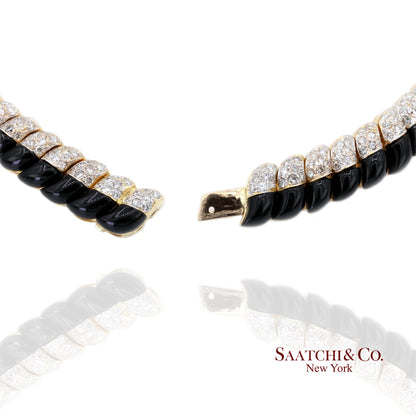 18K White & Yellow Gold Black Natural Onyx Necklace with Natural White Diamonds