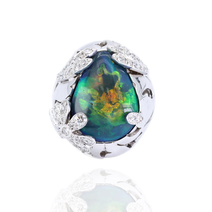 18K (750) White Gold Natural Pear Opal and Diamond Wide Ring
