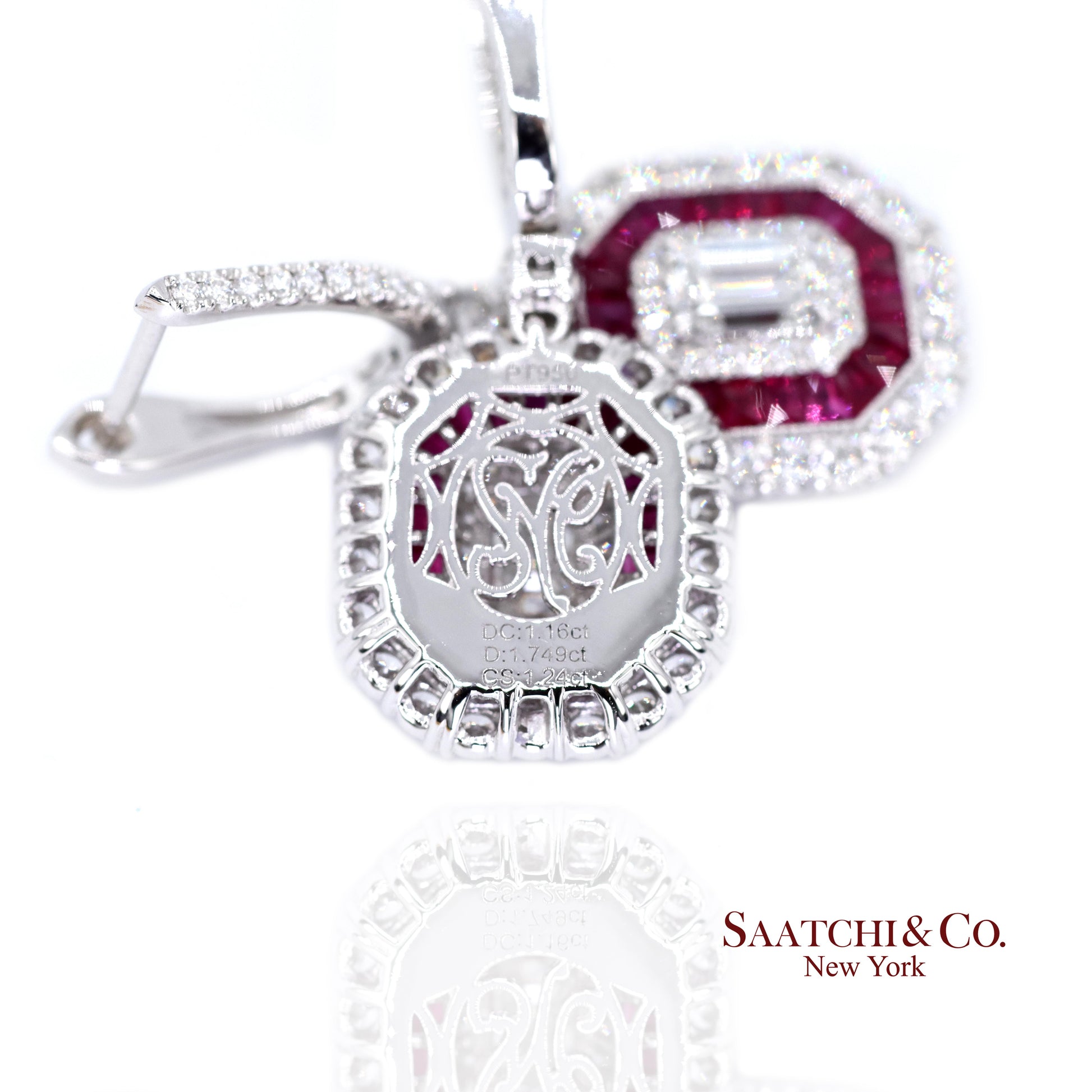 Platinum 950 Dangling Natural Ruby and Diamond Earring