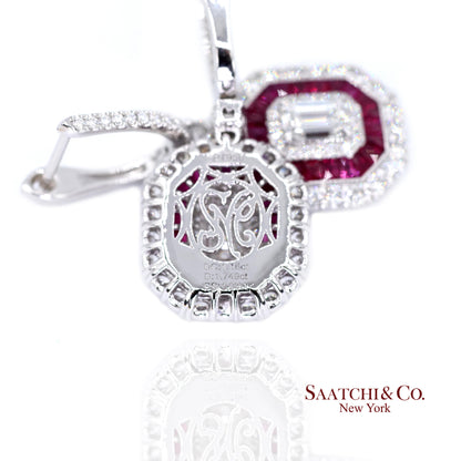 Platinum 950 Dangling Natural Ruby and Diamond Earring