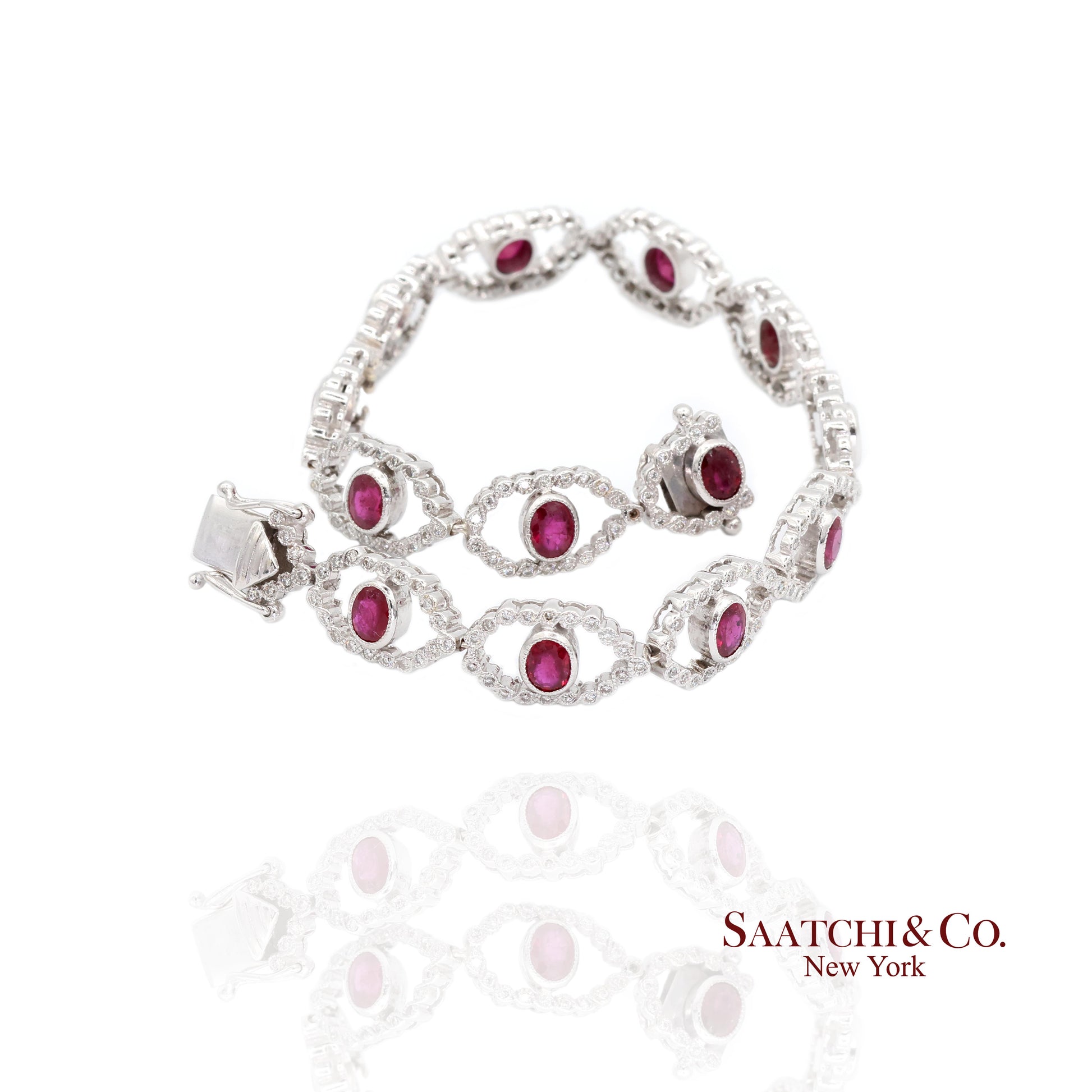 18k (750) White Gold Natural Ruby and Diamond Milgrain Bracelet