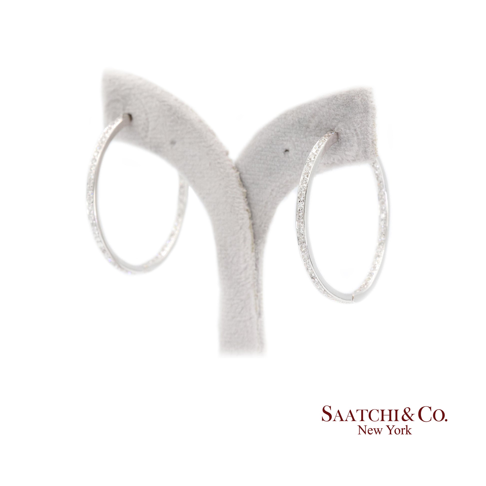 18K White Gold Natural Diamond Hoop Earrings In and Out Diamond