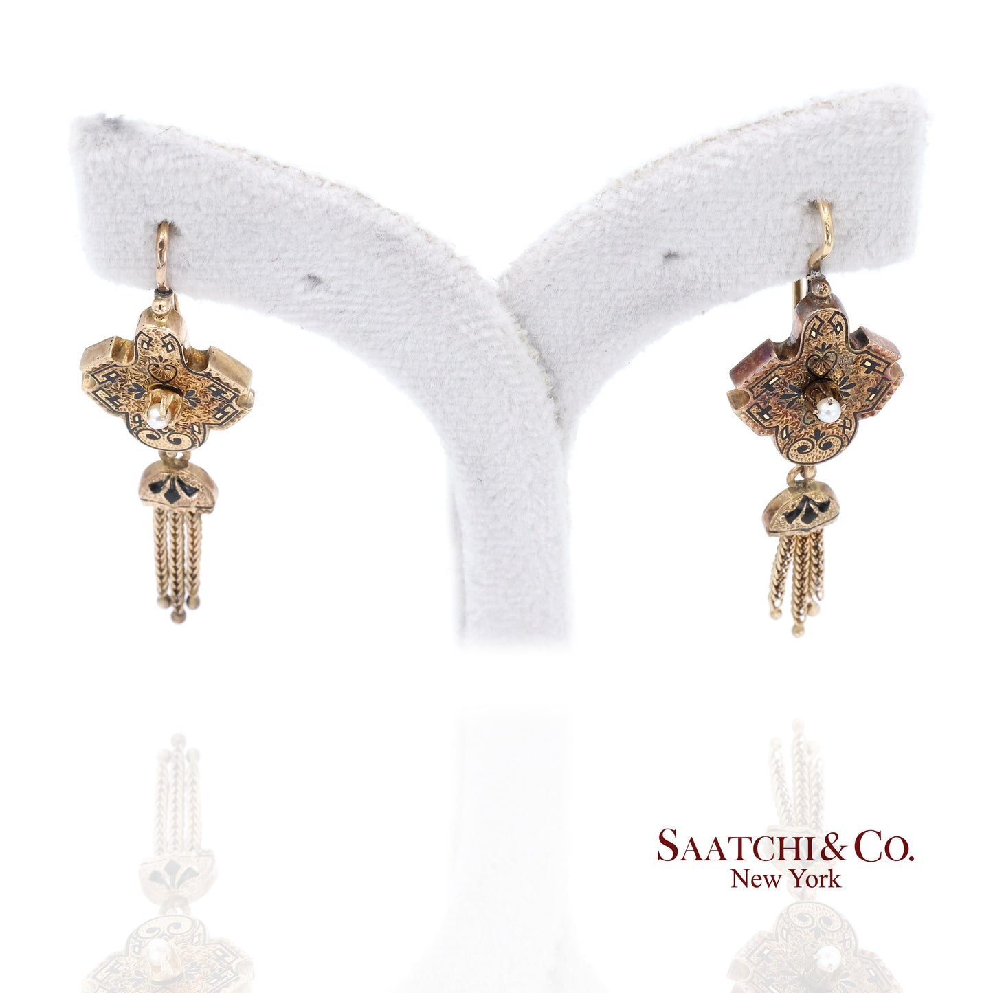 14K Yellow Gold Pearl Enamel Dangling Earring