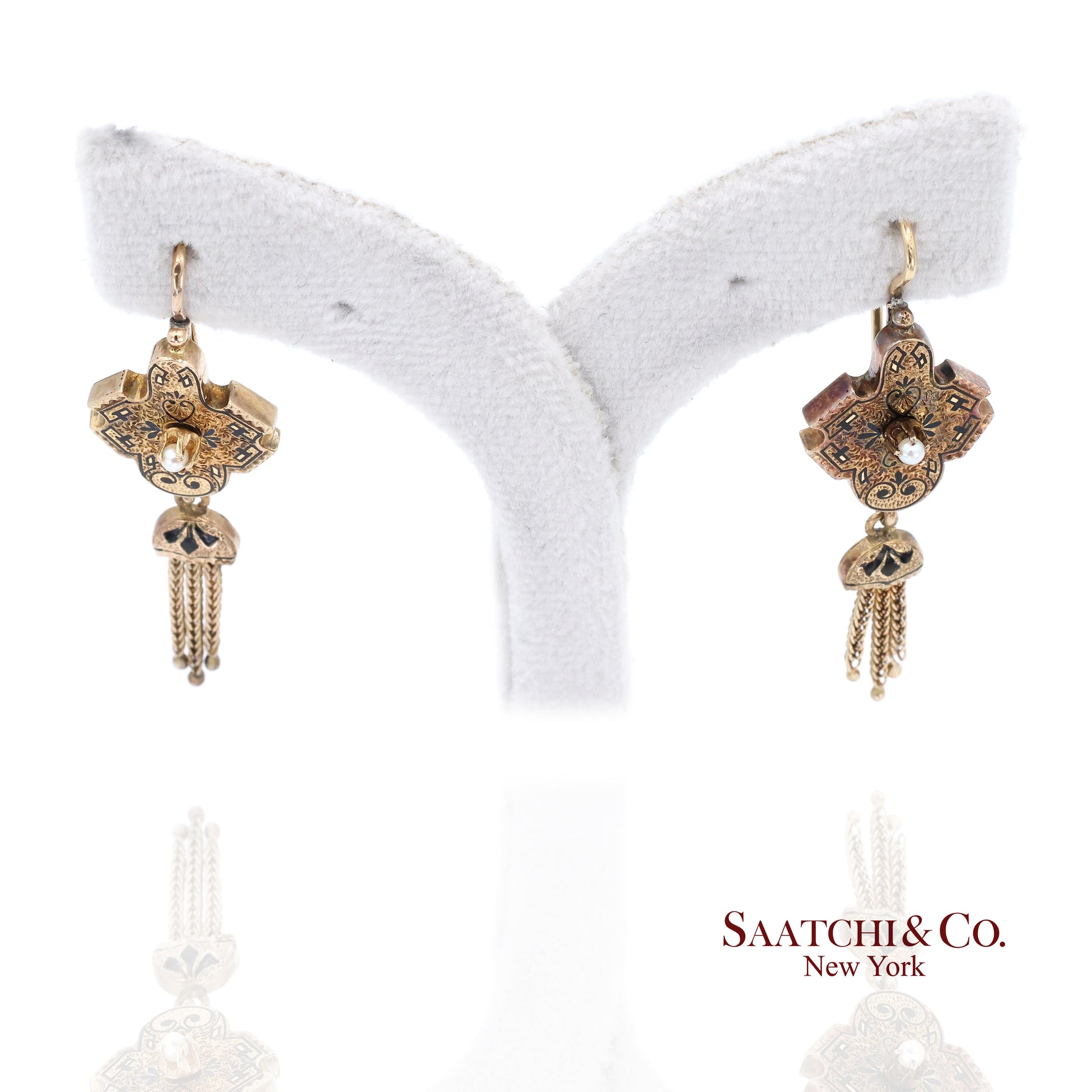 14K Yellow Gold Pearl Enamel Dangling Earring