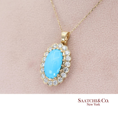 18k Persian Turquoise and Diamond Pendant Womens Yellow Gold Oval Cabochon