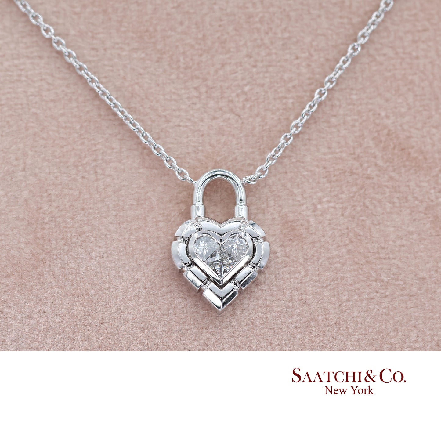18K White Gold Pie Cut Heart Shape Pendant Necklace with Chain