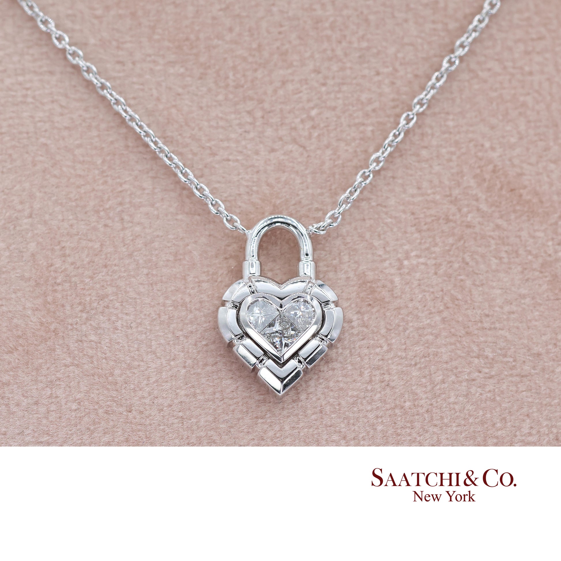 18K White Gold Pie Cut Heart Shape Pendant Necklace with Chain