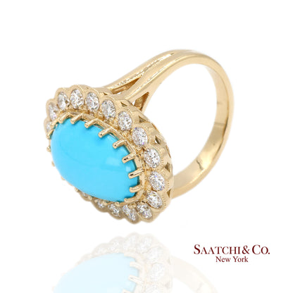 Persian Turquoise Diamond Ring Women Size 7 18K Yellow Gold Glam Luxe