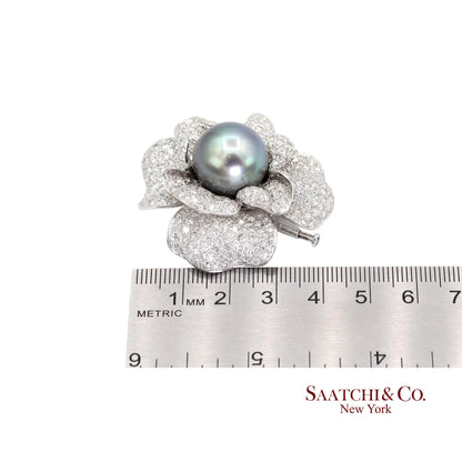 18K(750) White Natural Diamond and Black Pearl Brooch/Pin/Pendant/Necklace