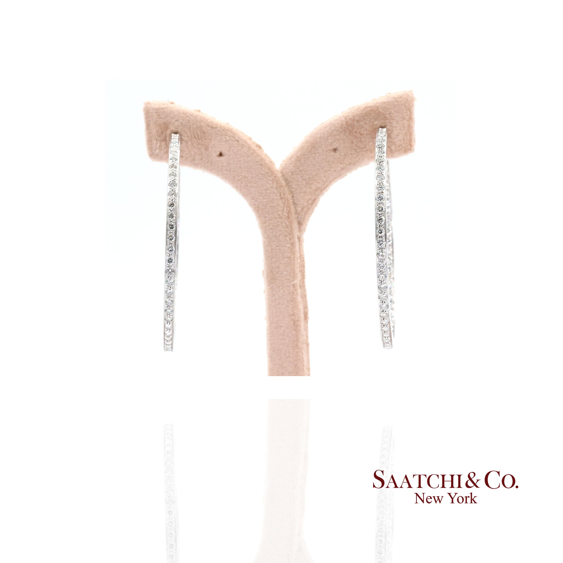 18K(750) Solid White Gold Natural Diamond Hoop Earrings In and Out Diamond