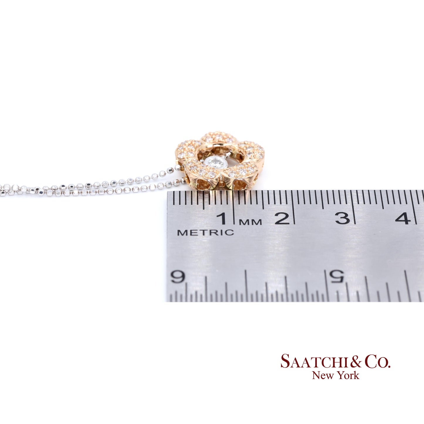 18K 750 Two Tone Rose and White Gold Natural Diamond Flower Pendant with Chain